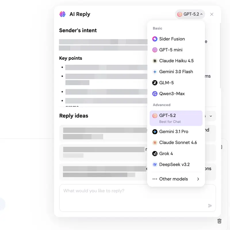 Gmail with AI Reply widget open showing generated response