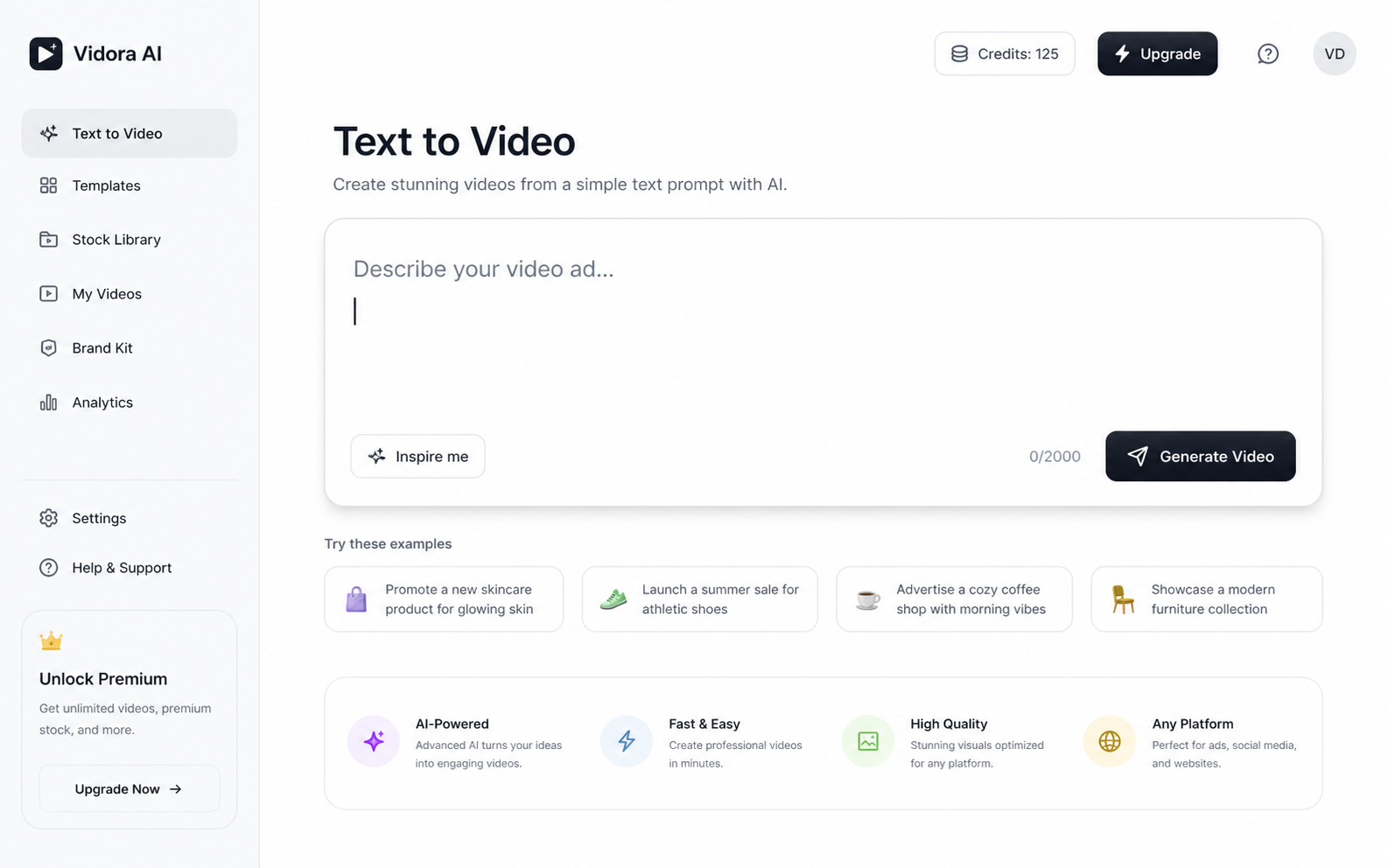 Text to video ad generation interface