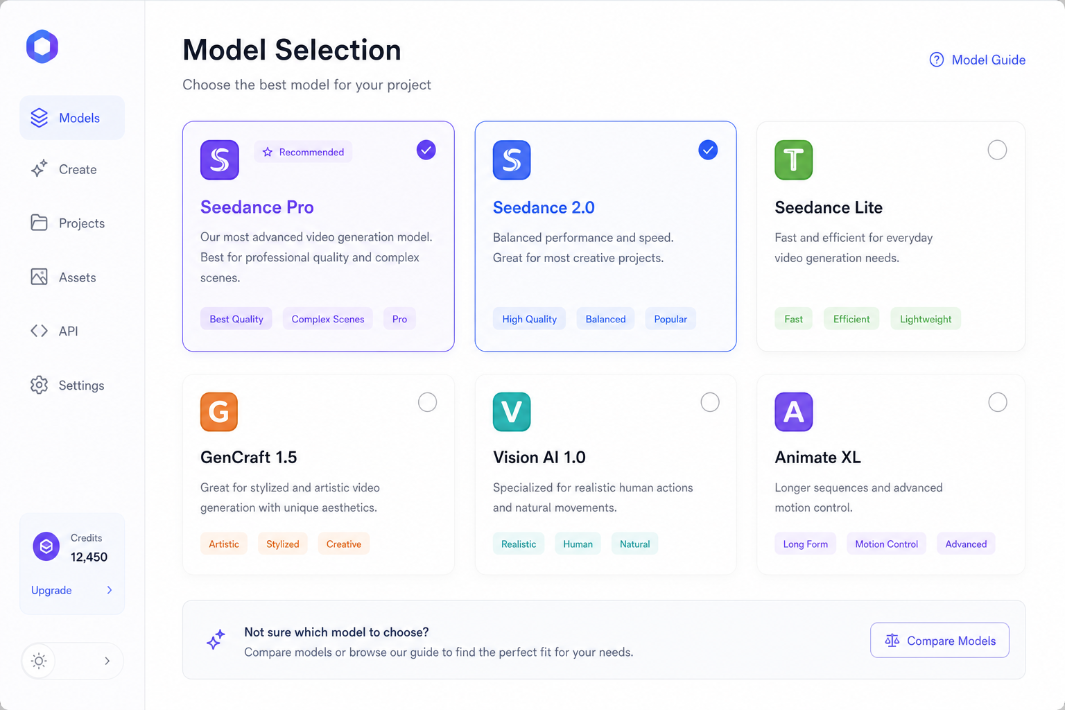 Sider AI video model selection showing Seedance and other models