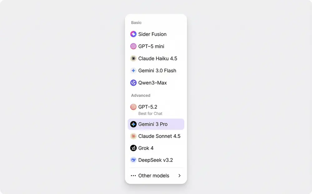 Model selection interface showing available AI models including GPT-5, Claude 4, and Gemini