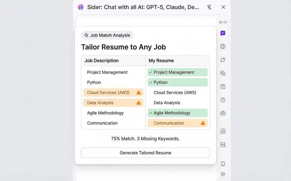 Side-by-side comparison showing job description keywords matched with resume content