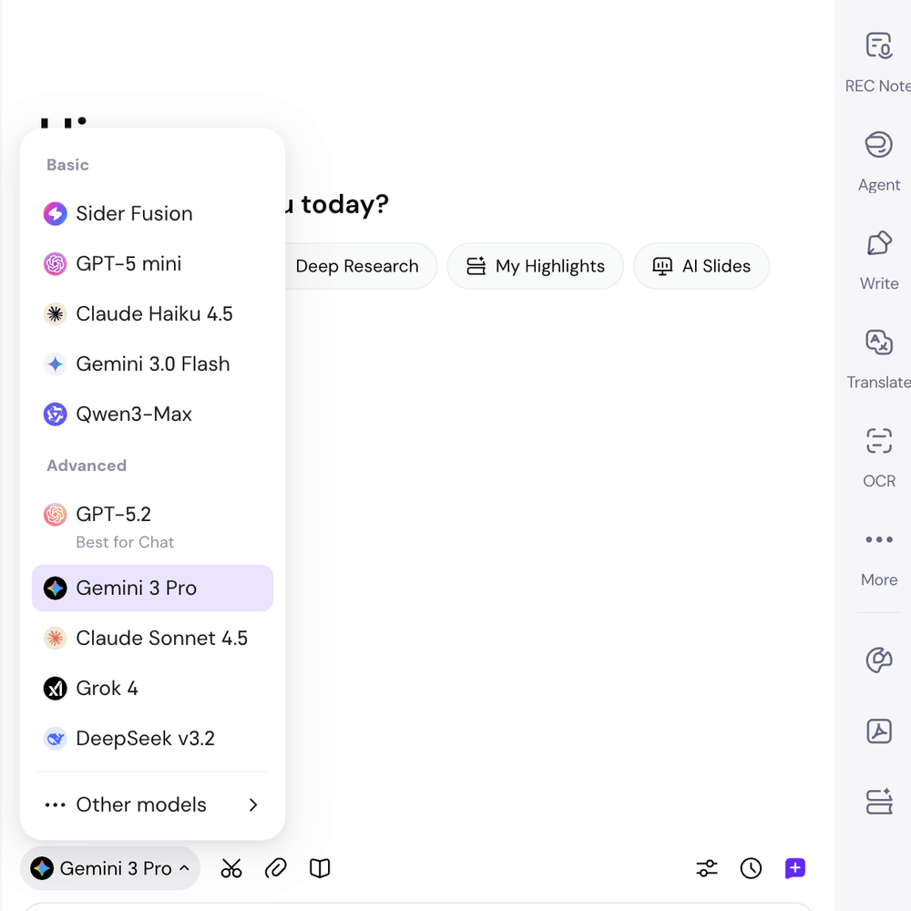 Sider sidebar sliding out from the browser, showing the model selection dropdown with Gemini 3 Pro selected and highlighted, ready for input