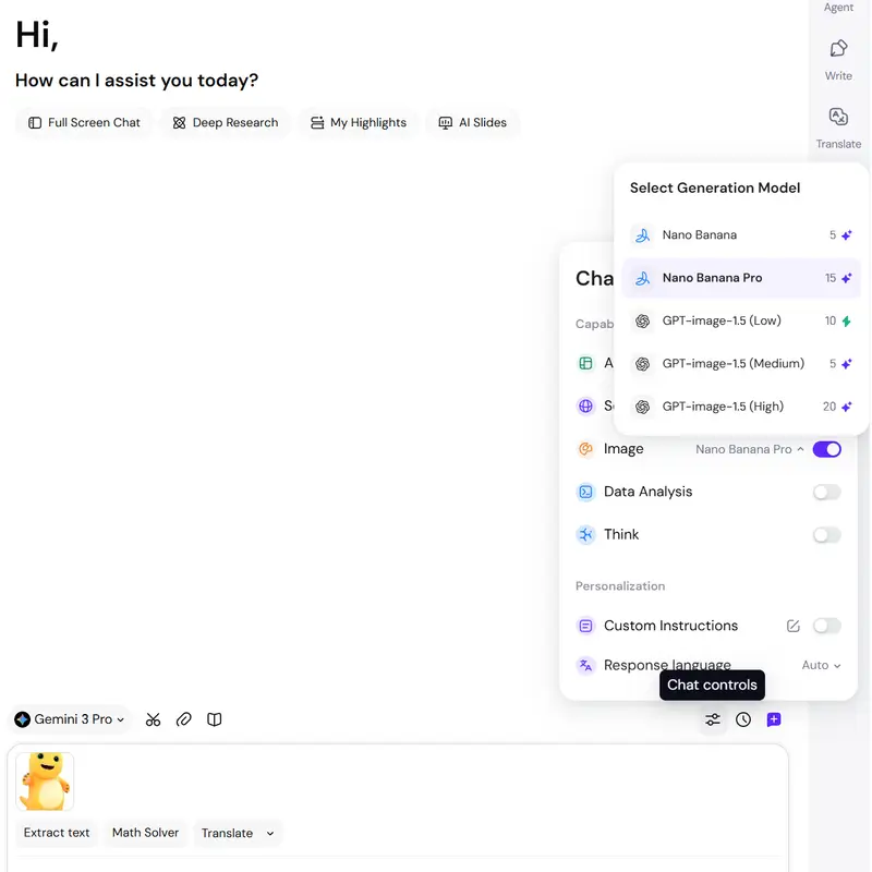 Posnetek zaslona kontrolnikov Sider Chat, ki prikazuje omogočeno generiranje slik in izbran slikovni model, skupaj s pozivom, da prilepite ali naložite referenčno sliko Nailong za usmerjanje sloga in kompozicije.