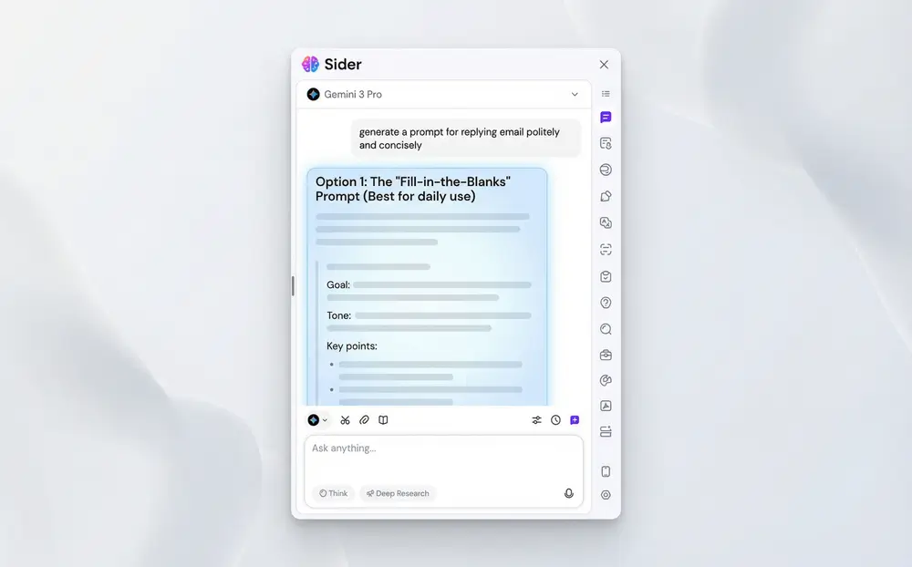Chat interface showing AI assistant asking clarifying questions to build better prompts
