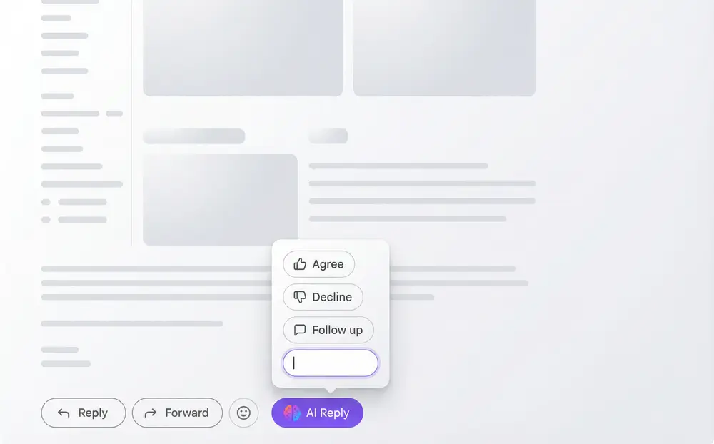 Gmail interface showing AI Reply widget with suggested response buttons