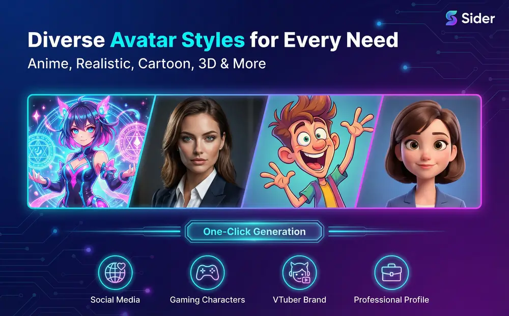 Multiple avatar styles showcase including anime, realistic photo, and cartoon styles