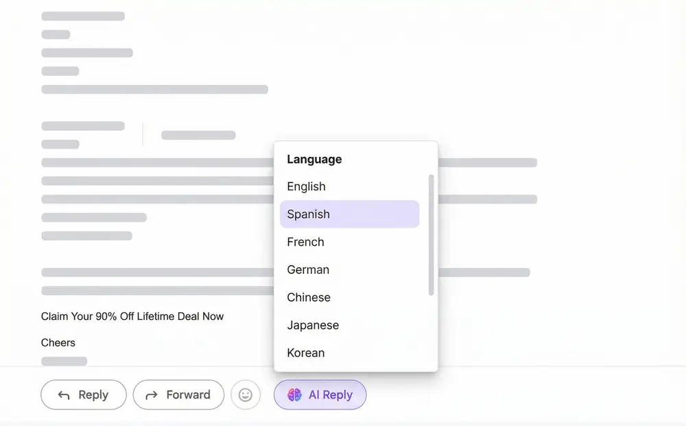 Language selection menu showing 50+ available languages