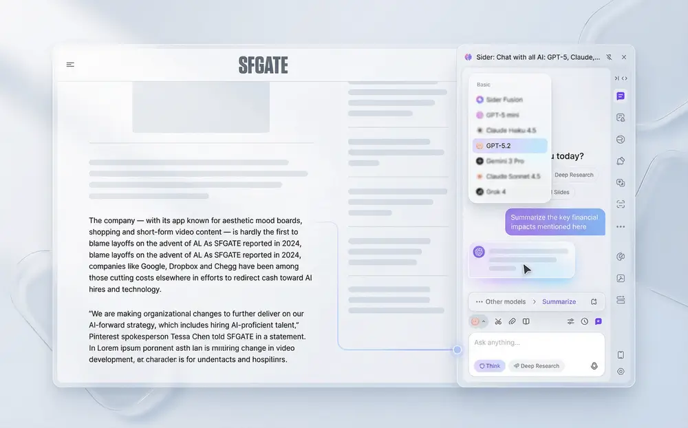 GPT-5.2 chat interface analyzing a webpage content in sidebar