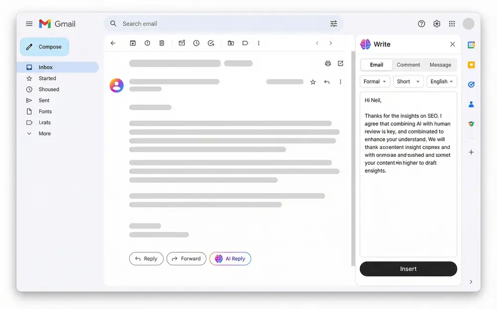 Side panel showing AI writing suggestions for composing an email in Gmail