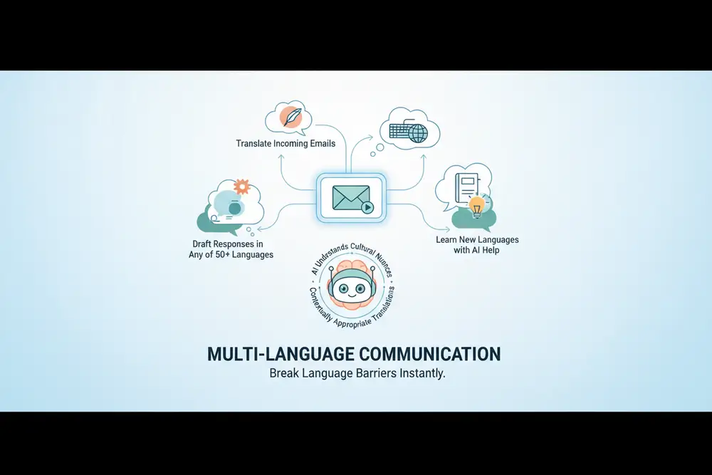 Email thread showing bilingual conversation with translation toggle and AI suggestions