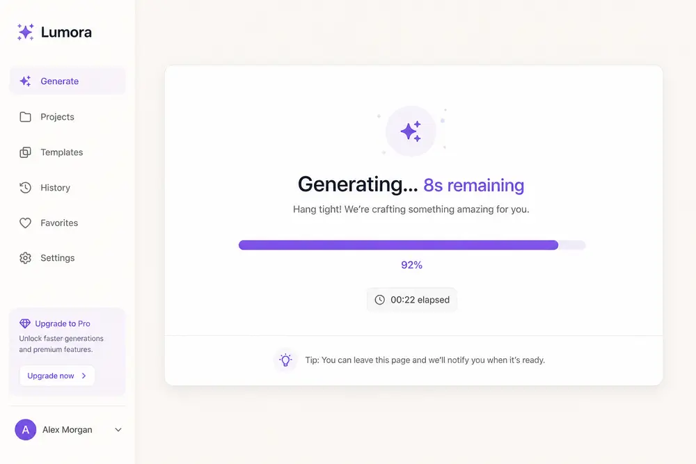 Progress bar showing rapid AI anime video generation completing in under 30 seconds