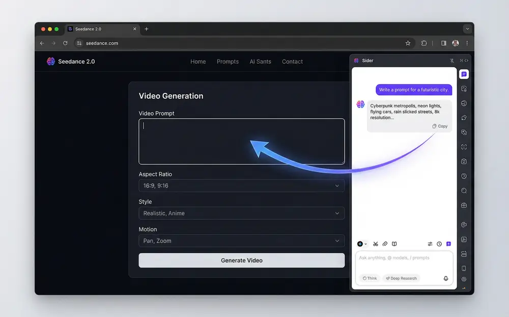 Sider sidebar in browser with Seedance 2.0 prompt generation