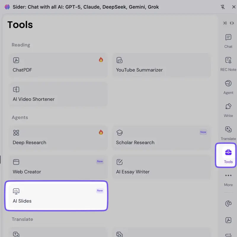 Sider-Erweiterung in der Browser-Seitenleiste zeigt das Menü „Tools“, wobei die Option „AI Slides“ hervorgehoben ist