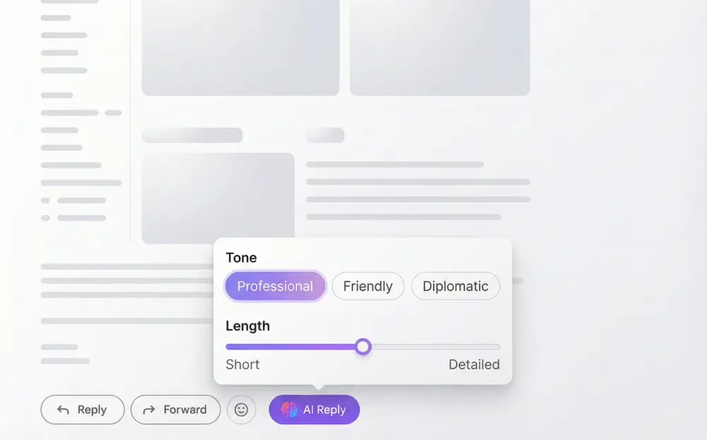 Tone and length settings panel with professional, friendly, diplomatic options