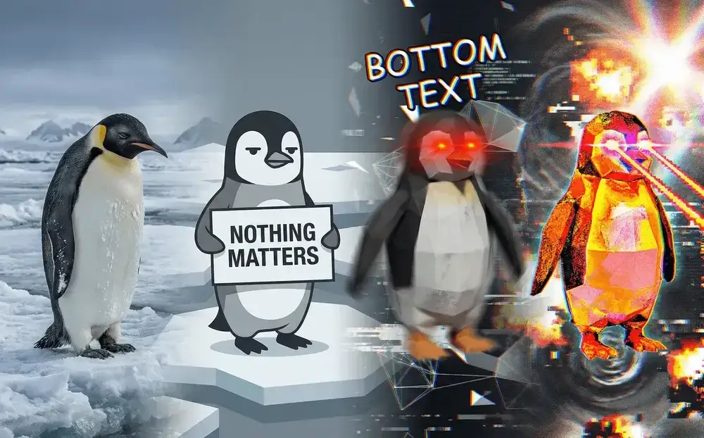 Mai multe variații de stil ale pinguinului nihilist, de la realist la estetică de meme prăjită adânc
