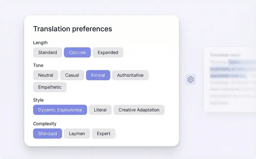 User interface showing customization options for German translation tone.
