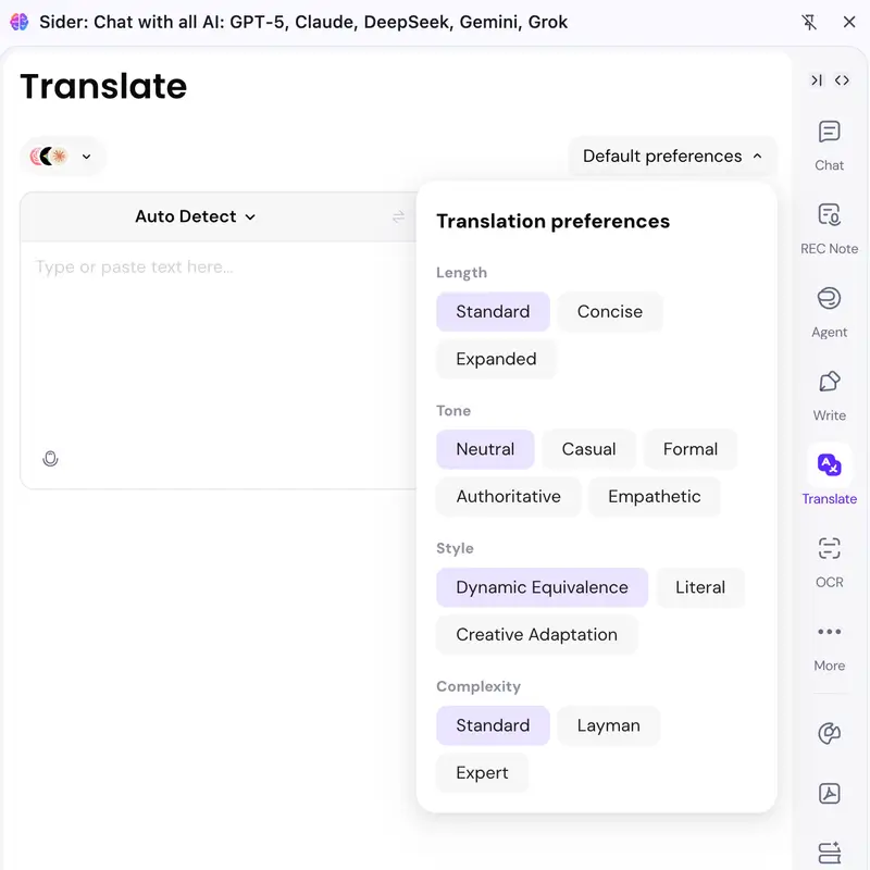 Setting translation preferences in Sider.