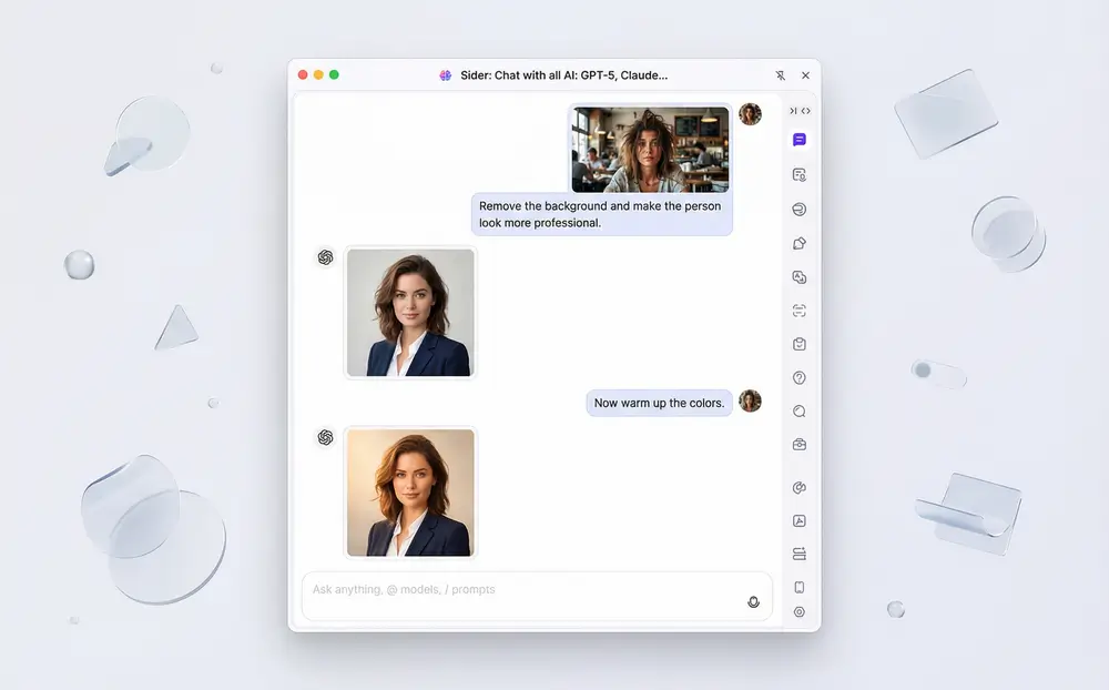 Interface de chat mostrando solicitações e resultados de edição de imagem iterativa