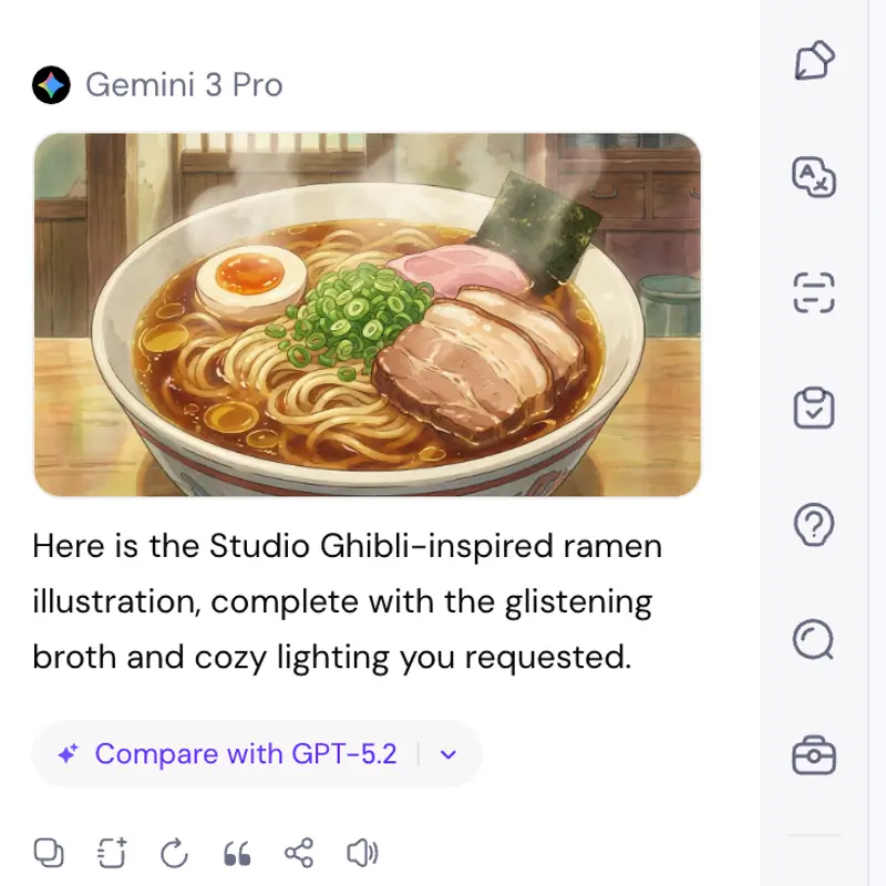 Generated Ghibli-style artwork displayed in the chat interface with download and share options visible.