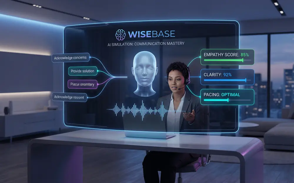 User practicing communication skills in the Wisebase interactive AI environment.