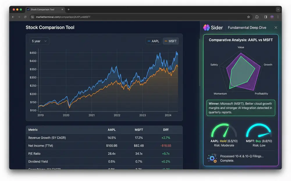 Side-by-side stock comparison with performance charts