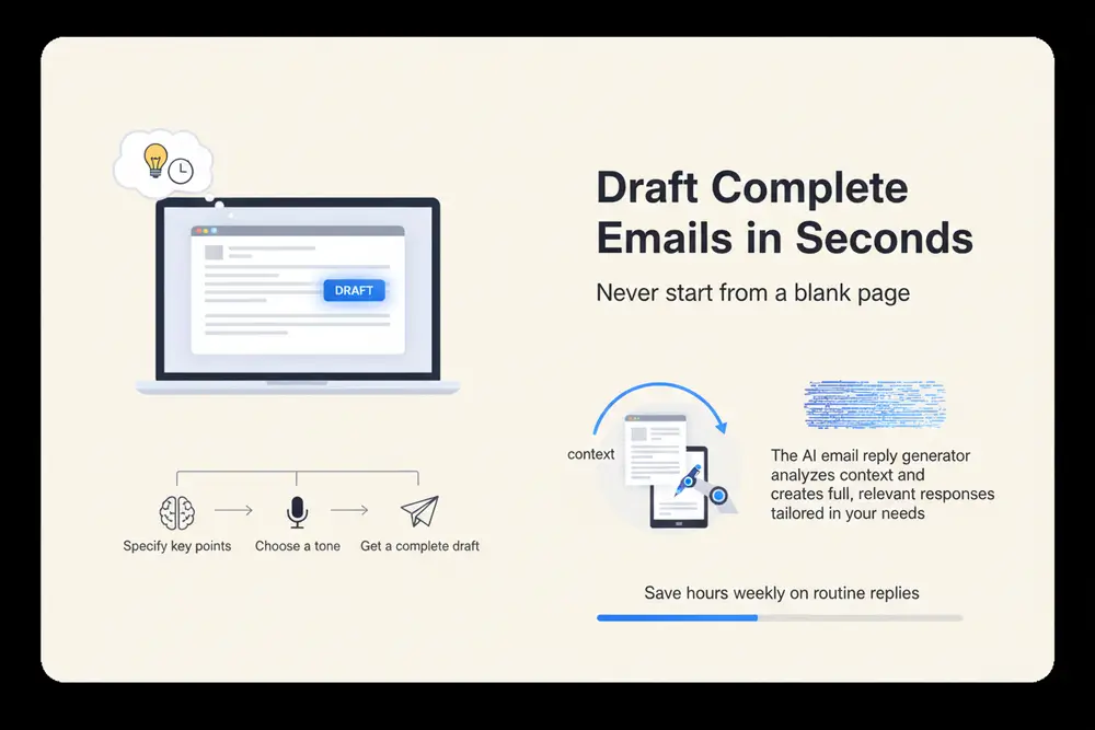 Split view showing incoming email on left and AI-written reply on right with editable fields