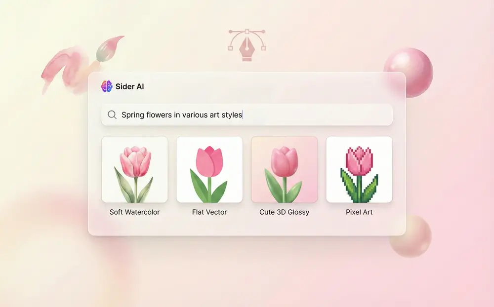 Spring flower clipart displayed in watercolor, flat, hand-drawn, 3D, and pixel art styles showing style consistency