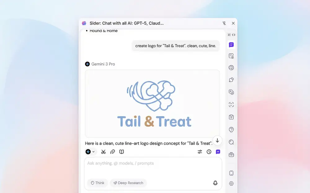 AI logo generation feature inside the Sider sidebar.
