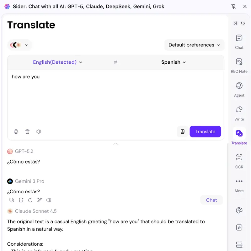 Instant English to Spanish translation result.