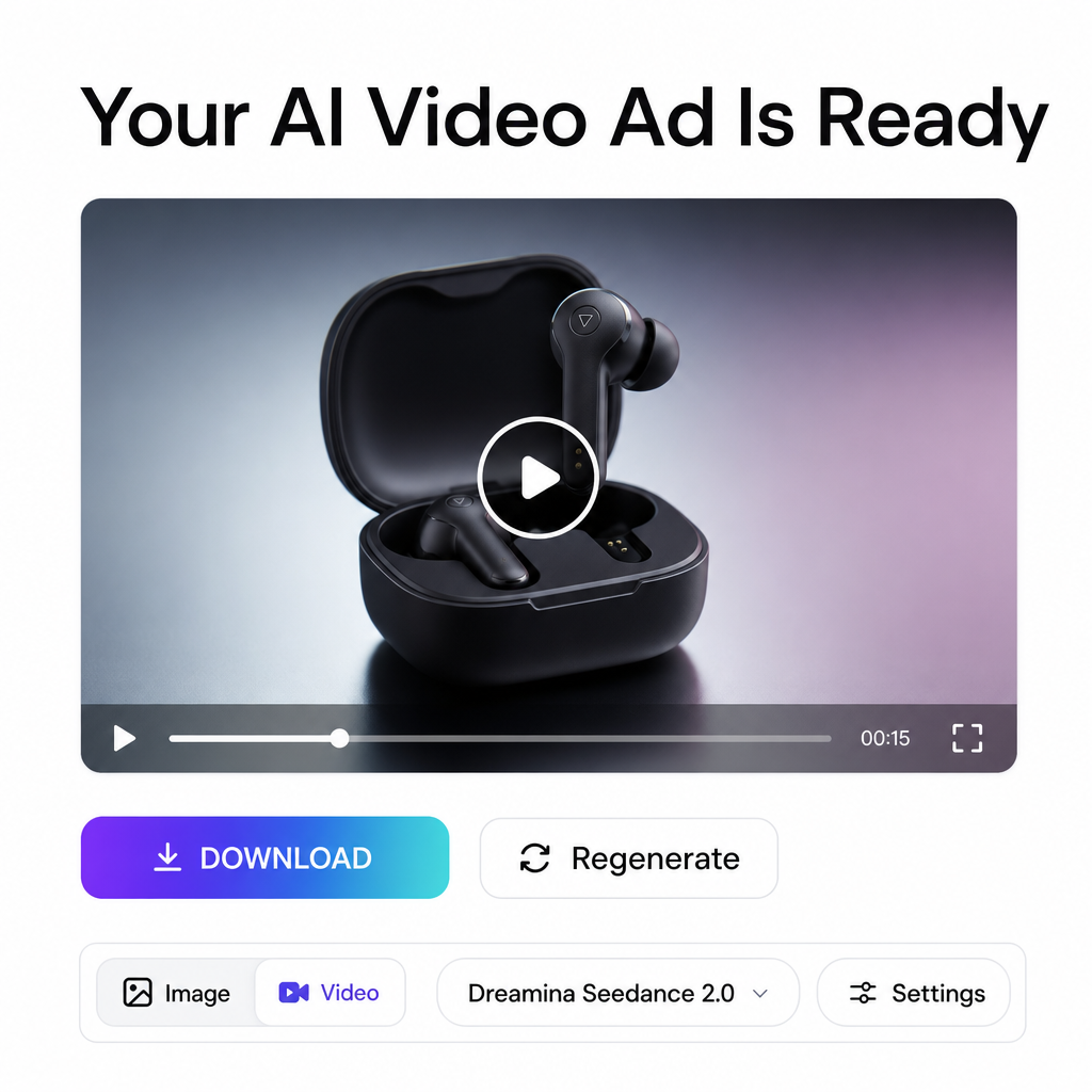 Generated video ad result with download button visible