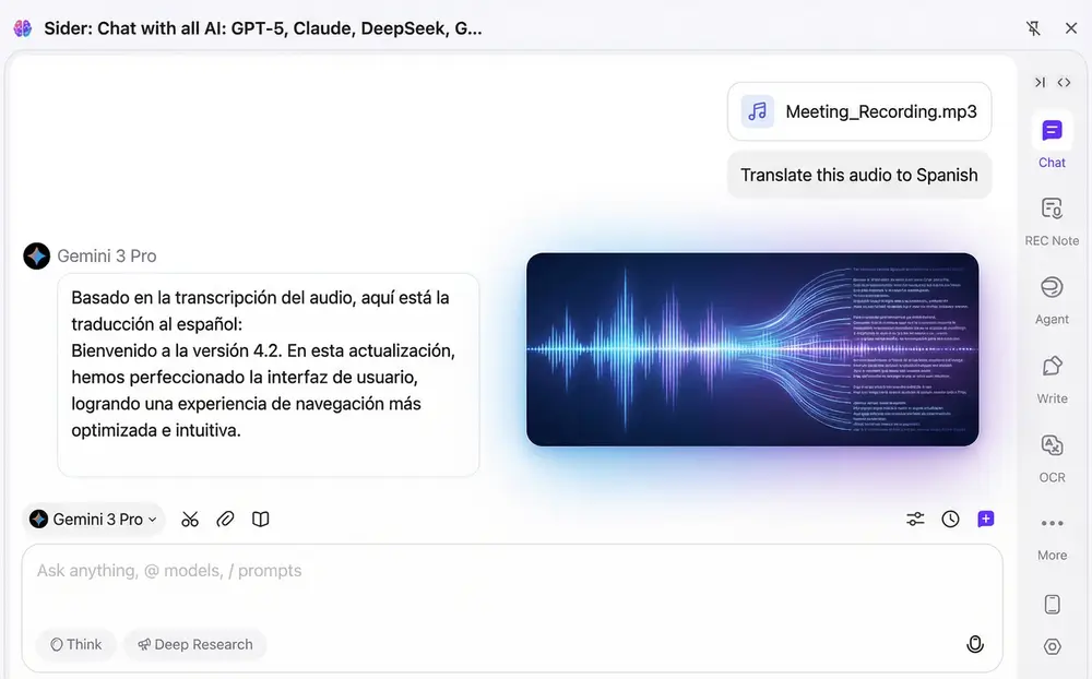 Audio transcription and translation from English to Spanish.