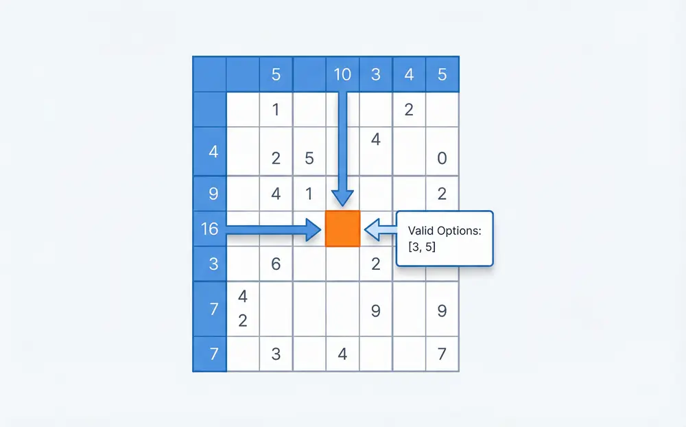 Diagram showing Sider resolving intersecting row and column constraints in a kakuro grid