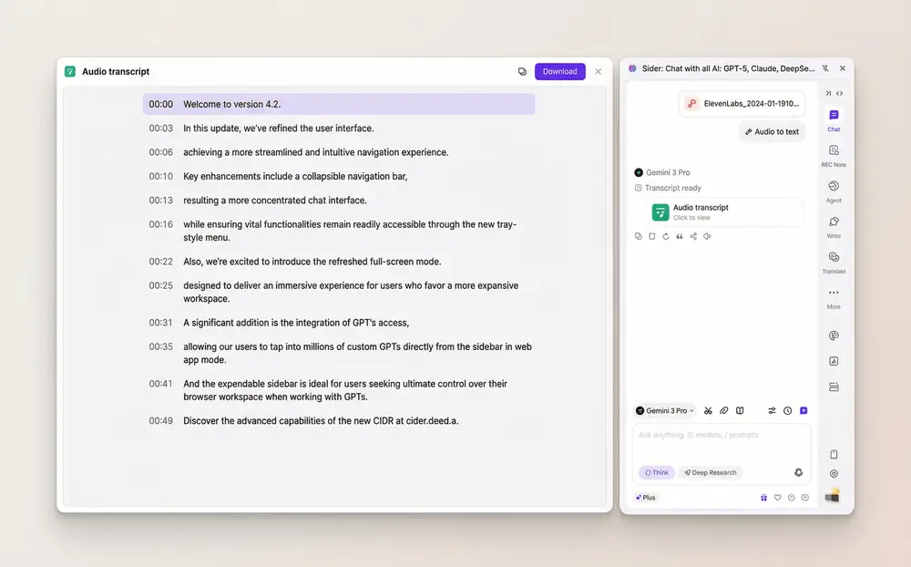 Sider extension audio to text navigation with timestamps.