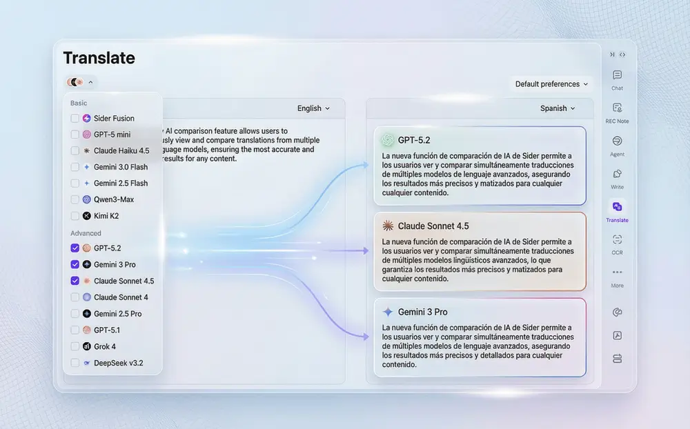 AI multi-model text translation for English to Spanish.