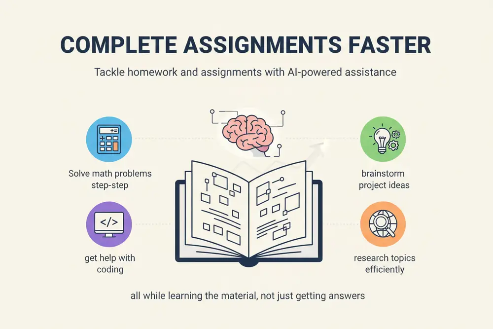 Illustration showing various assignment types being tackled with AI assistance