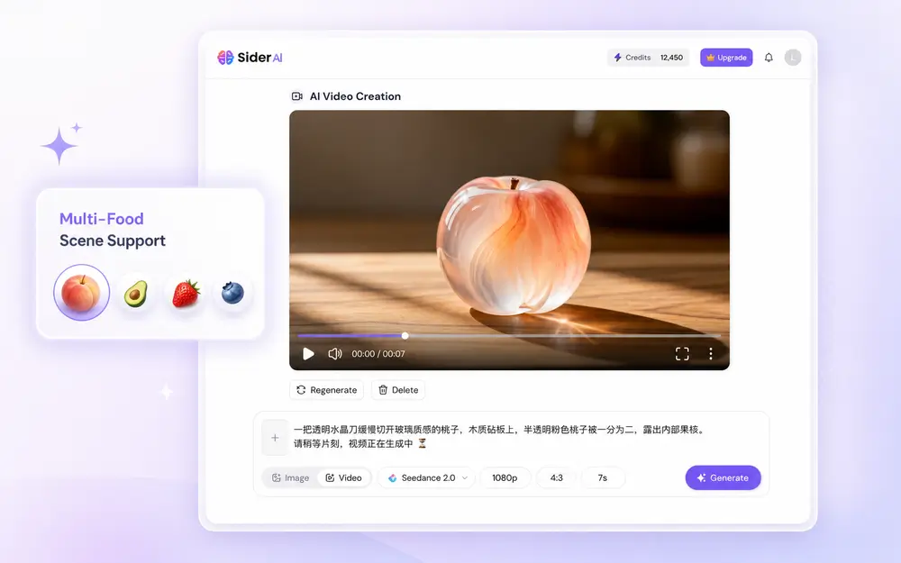 Various glass food items including watermelon, kiwi, and dragon fruit rendered in AI