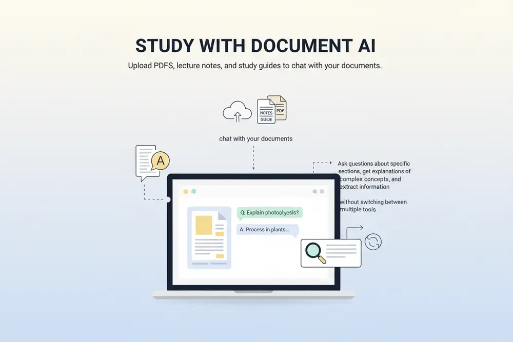 Illustration showing a student chatting with a PDF document, asking questions and getting highlighted answers