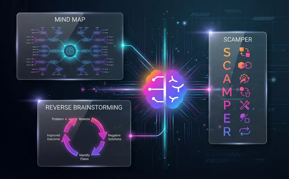 Visualização mostrando diferentes técnicas de brainstorming: mapa mental, SCAMPER, brainstorming reverso com ícones de IA