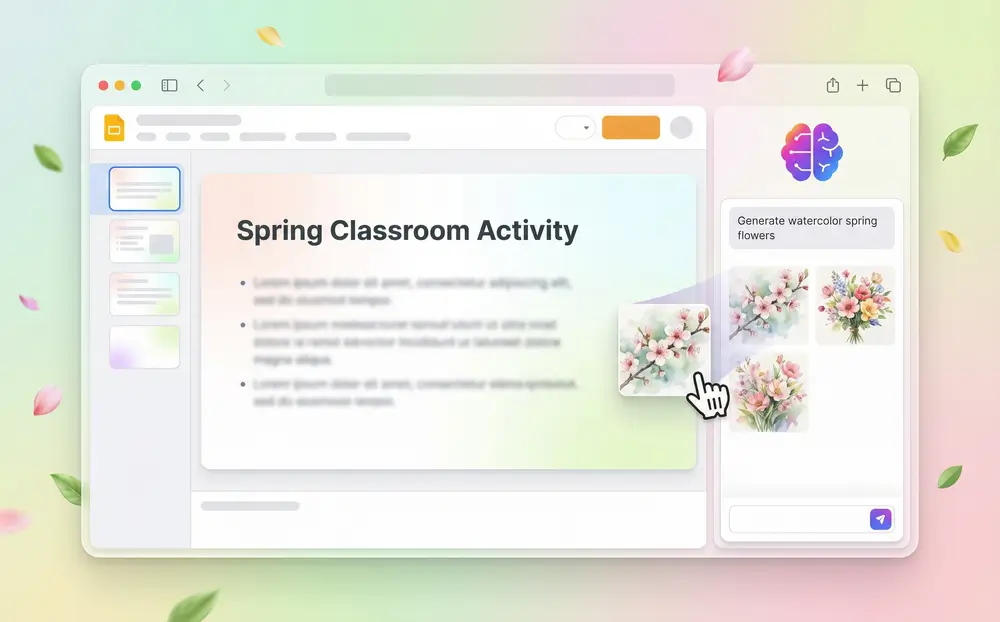 Sider browser sidebar integrated with presentation software showing spring clipart generation workflow