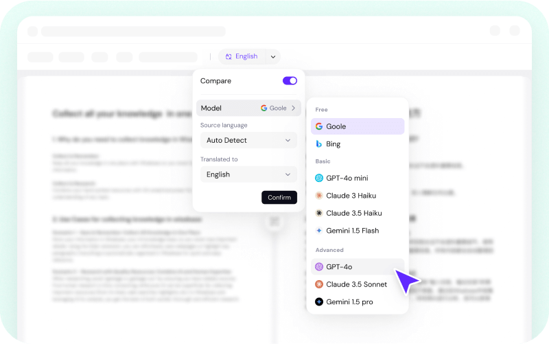 Choose a target language and translation model, with automatic source language detection