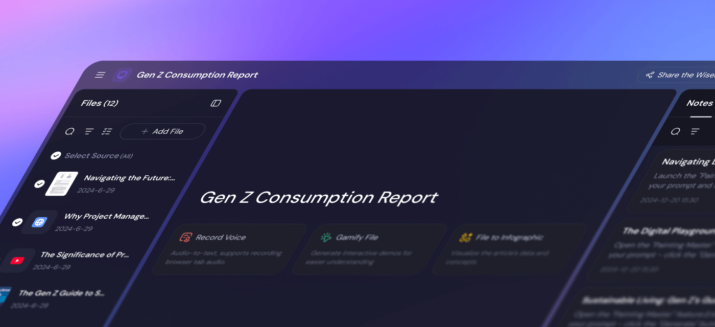 Sider AI Wisebase screen showing saved sources, notes, and searchable browser research
