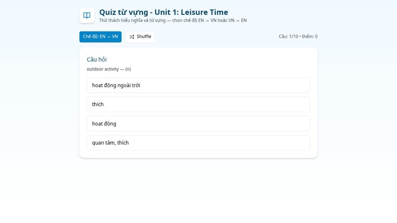 Kiểm Tra Từ Vựng Leisure Time Lớp 8