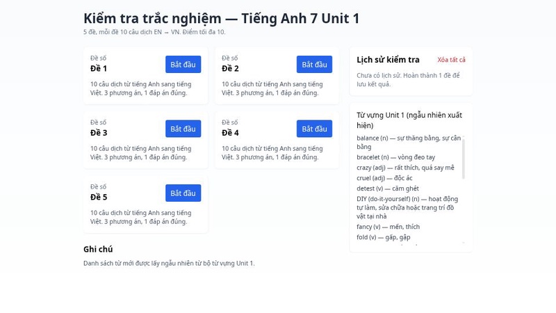 Bảng Kiểm Tra Tiếng Anh Lớp 7 - Unit 1
