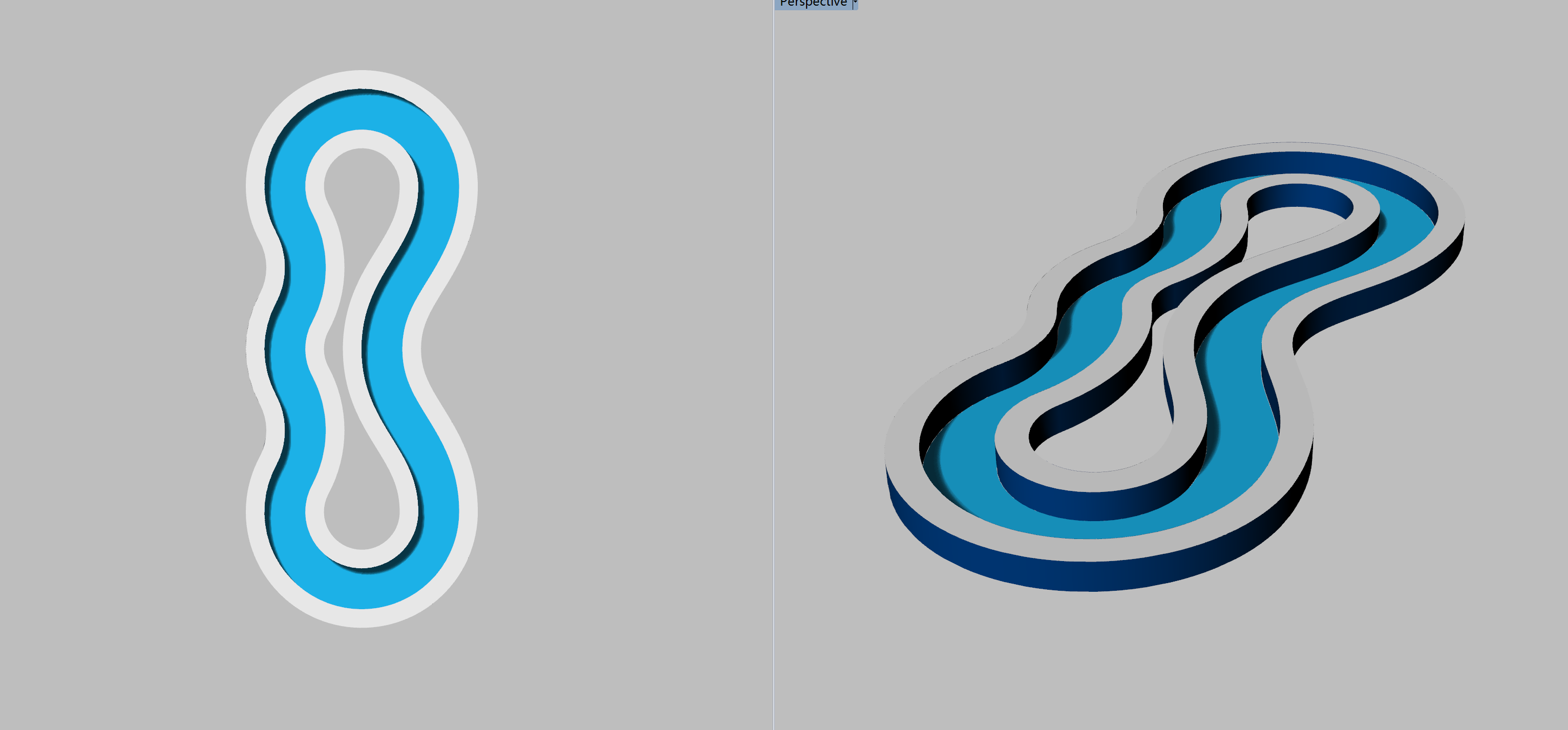 Top-down and perspective renders of a blue lazy river channel.