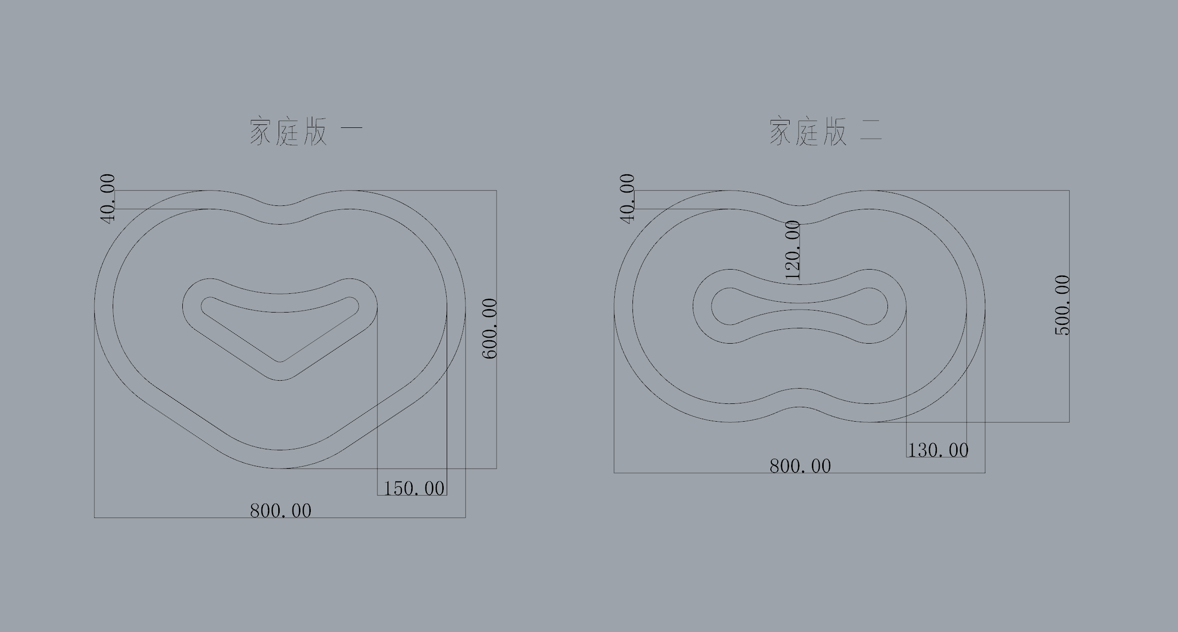 Technical drawing comparing two family inflatable pool layouts with dimensions.