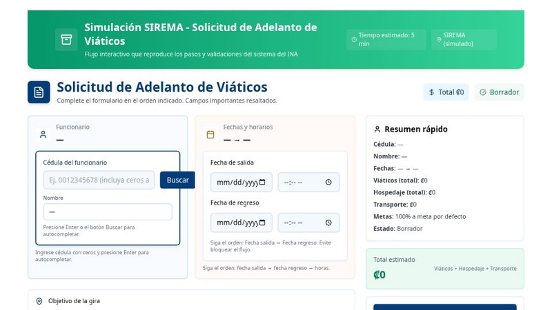 Simulador Adelantos Viáticos SIREMA INA