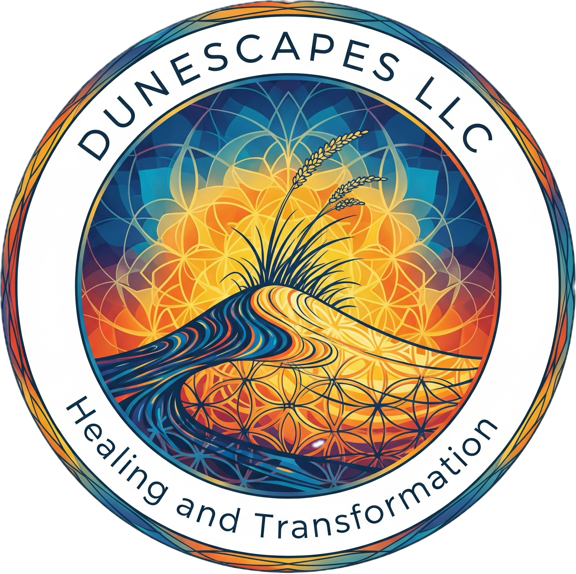 Dunescapes LLC logo with desert dunes and radiant mandala sun