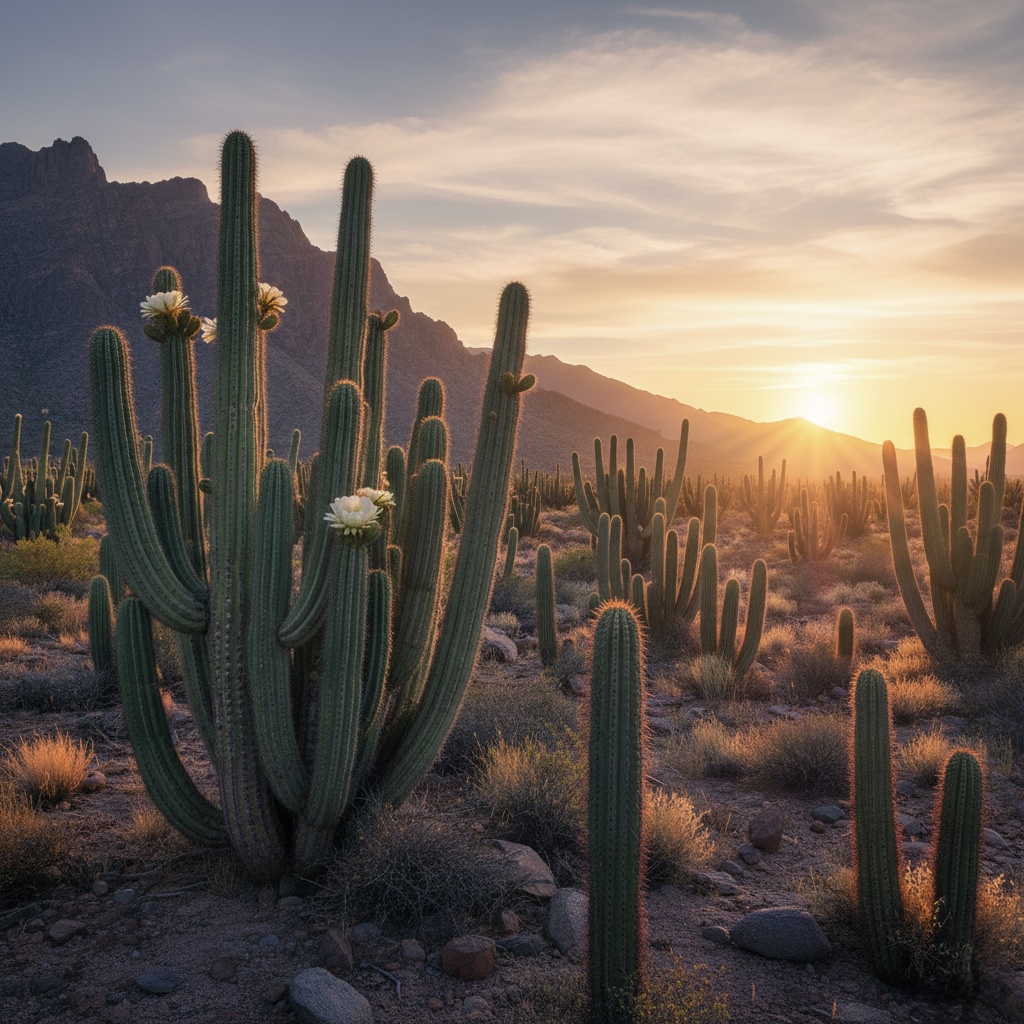 Desert cactus landscape at sunrise