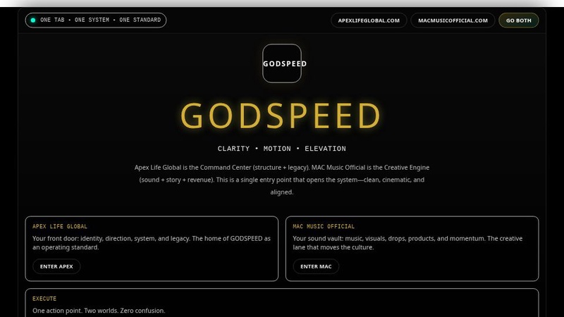 GODSPEED: Unified Portal for Apex Life Global & MAC Music